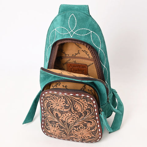 American Darling Genuine Suede Leather Sling Bag with Hand Tooled Floral Front & Buck Stitch Details
