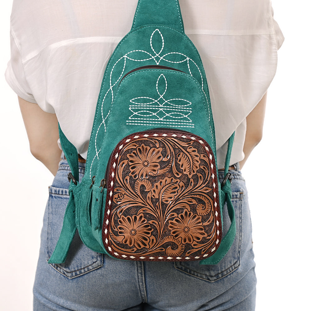 ADBG1573 Genuine suede Sling Bag - Floral Tooled Leather Pocket
