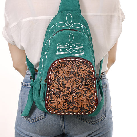American Darling Genuine Suede Leather Sling Bag with Hand Tooled Floral Front & Buck Stitch Details