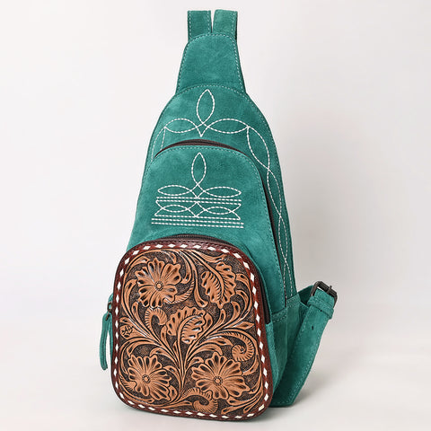 American Darling Genuine Suede Leather Sling Bag with Hand Tooled Floral Front & Buck Stitch Details