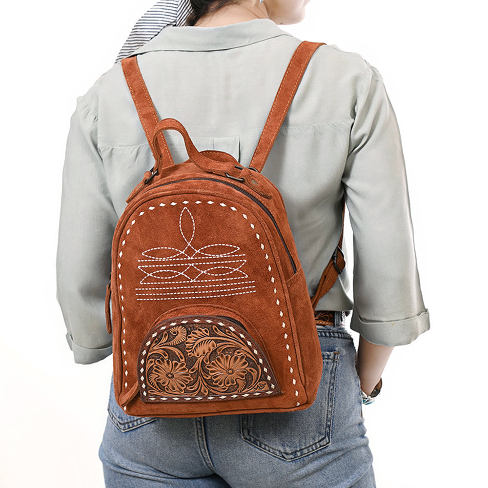 ADBG1574 Genuine suede Western Backpack - Tooled Leather Floral Pocket
