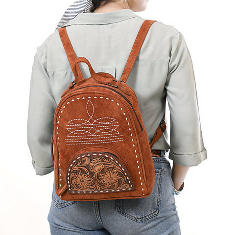 American Darling Genuine Suede Leather Backpack Bag with Hand Tooled Floral Front & Buck Stitch Accents