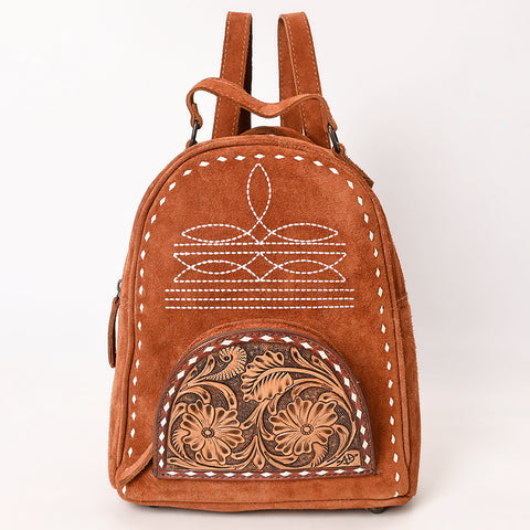 American Darling Genuine Suede Leather Backpack Bag with Hand Tooled Floral Front & Buck Stitch Accents