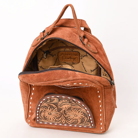 American Darling Genuine Suede Leather Backpack Bag with Hand Tooled Floral Front & Buck Stitch Accents