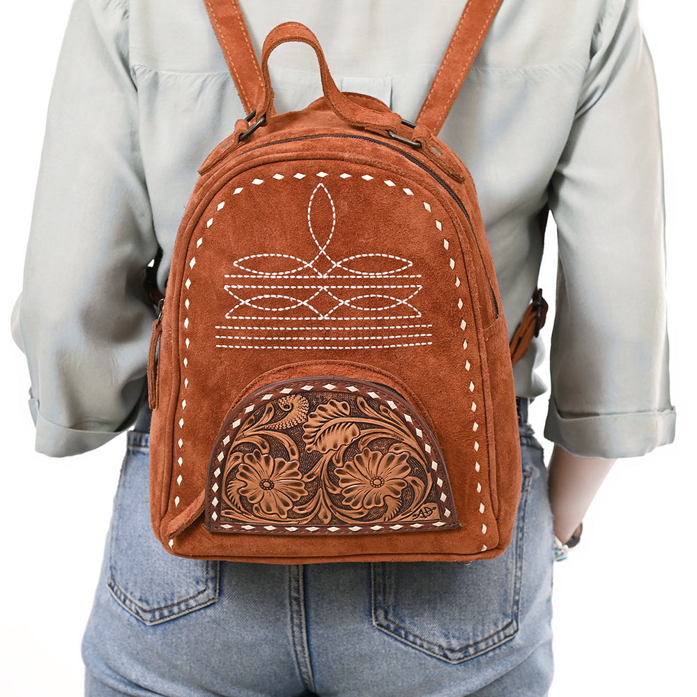 ADBG1574 Genuine suede Western Backpack - Tooled Leather Floral Pocket