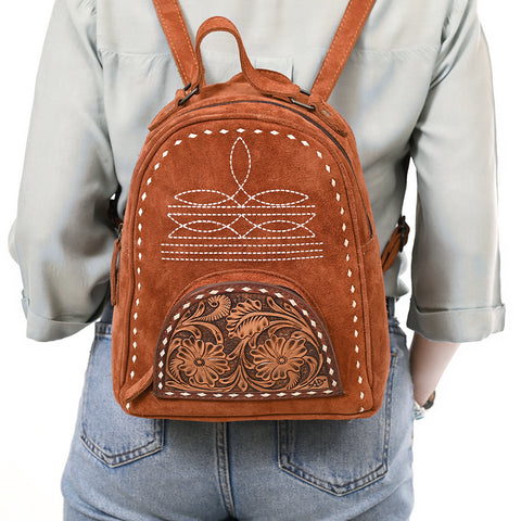 American Darling Genuine Suede Leather Backpack Bag with Hand Tooled Floral Front & Buck Stitch Accents