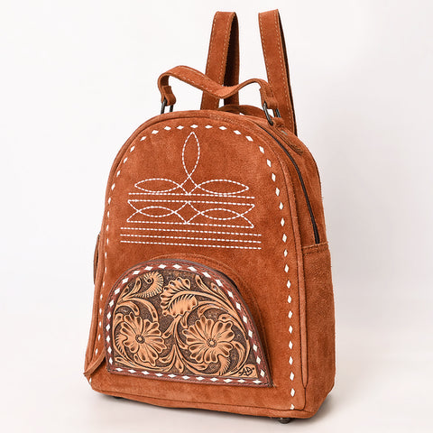 American Darling Genuine Suede Leather Backpack Bag with Hand Tooled Floral Front & Buck Stitch Accents