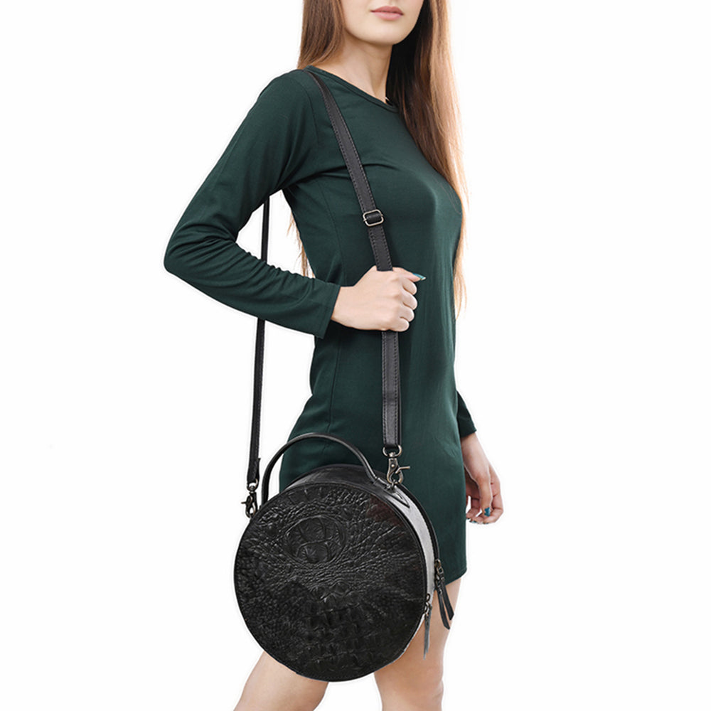 ADBG1563D Black Croc Embossed Round Leather Crossbody - Western Minimalist Purse