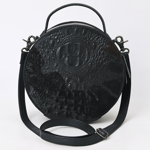 American Darling Western Genuine Leather Canteen Bag | Black Crocodile Embossed Round Crossbody