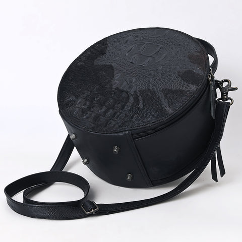 American Darling Western Genuine Leather Canteen Bag | Black Crocodile Embossed Round Crossbody