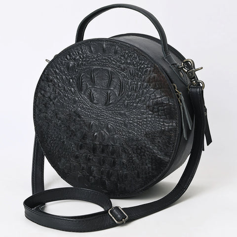 American Darling Western Genuine Leather Canteen Bag | Black Crocodile Embossed Round Crossbody