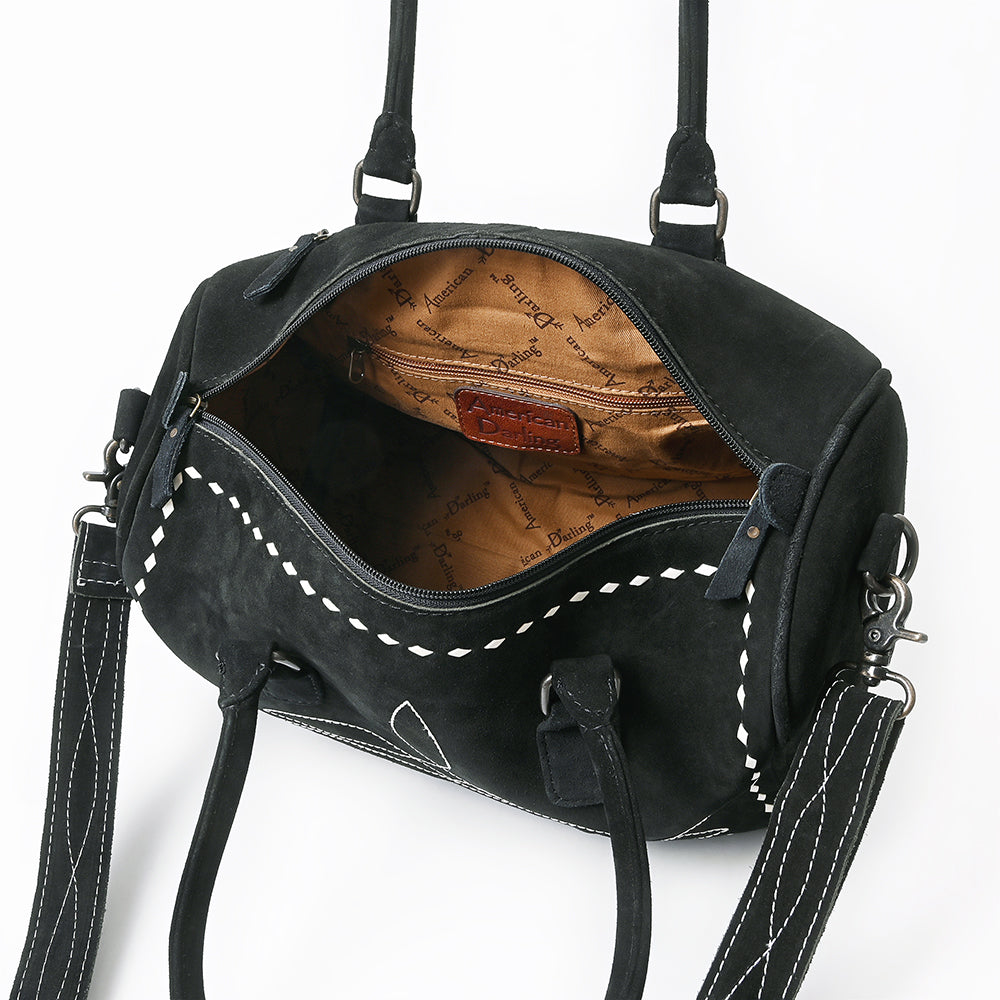 ADBG1585A Black Genuine suede Embroidered Duffel Handbag - Western Weekender with Shoulder Strap