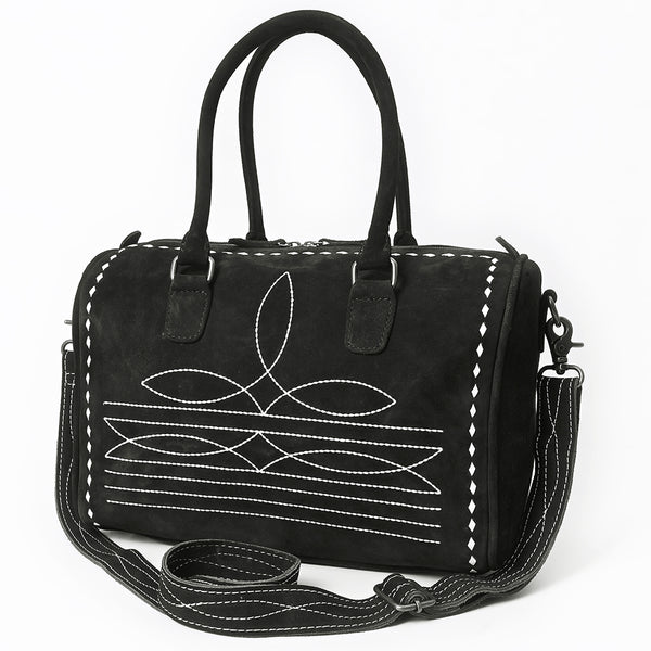 ADBG1585A Black Suede Embroidered Duffel Handbag - Western Weekender with Shoulder Strap