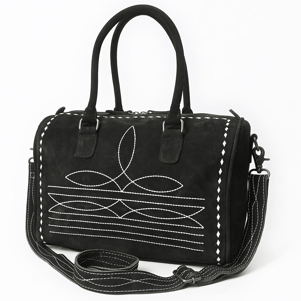 ADBG1585A Black Genuine suede Embroidered Duffel Handbag - Western Weekender with Shoulder Strap
