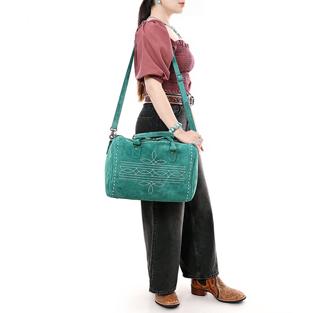 ADBG1585 Genuine suede Embroidered Duffel Handbag - Western Weekender with Top Handles & Shoulder Strap