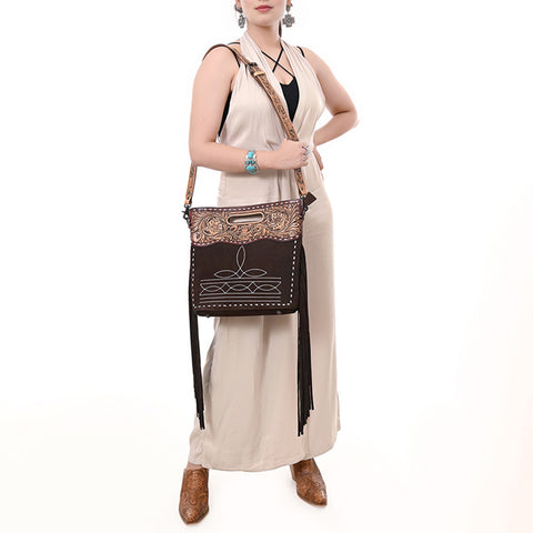 American Darling Hand-Tooled Western Leather Cross Body Bag with Fringe & Carved Detailing