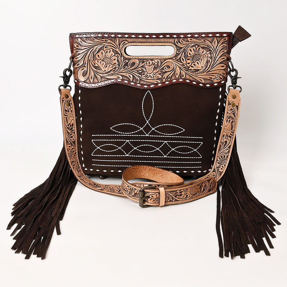 ADBG1584 Genuine suede & Tooled Leather Western Fringe Clutch Bag - Embroidered Crossbody with Cutout Handle