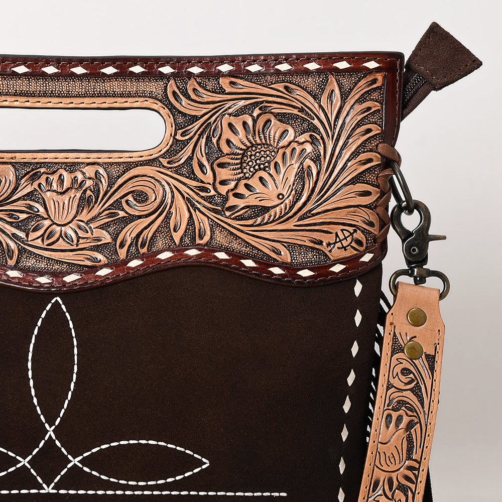 ADBG1584 Genuine suede & Tooled Leather Western Fringe Clutch Bag - Embroidered Crossbody with Cutout Handle