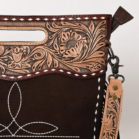 American Darling Hand-Tooled Western Leather Cross Body Bag with Fringe & Carved Detailing