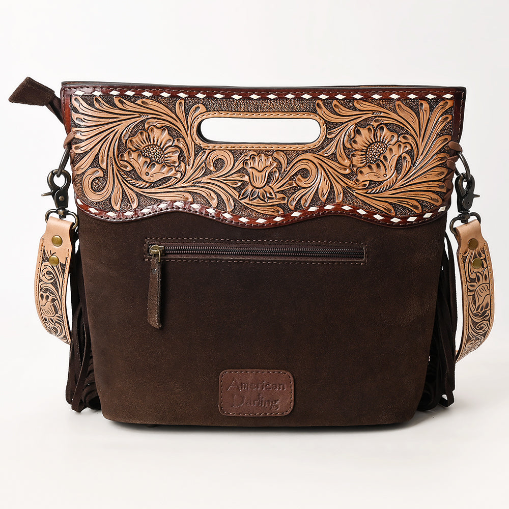 ADBG1584 Genuine suede & Tooled Leather Western Fringe Clutch Bag - Embroidered Crossbody with Cutout Handle