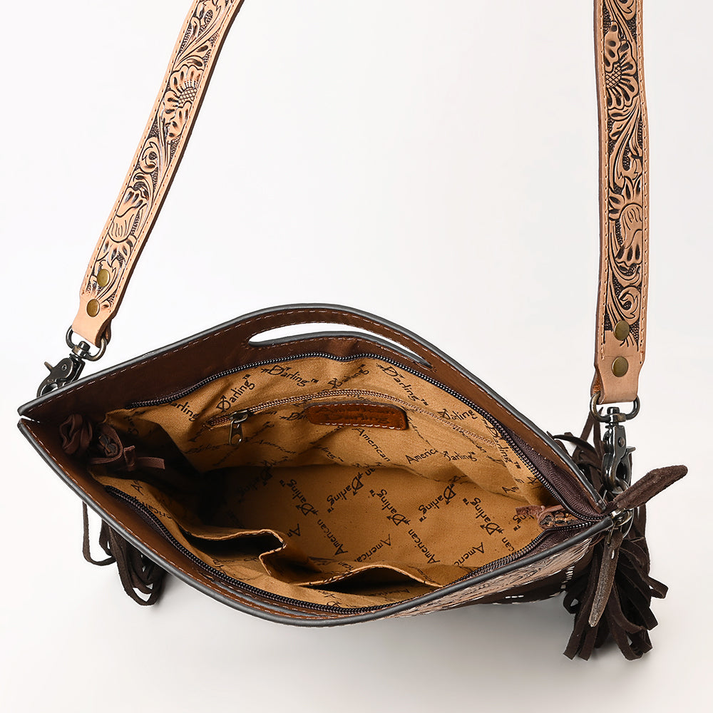ADBG1584 Genuine suede & Tooled Leather Western Fringe Clutch Bag - Embroidered Crossbody with Cutout Handle