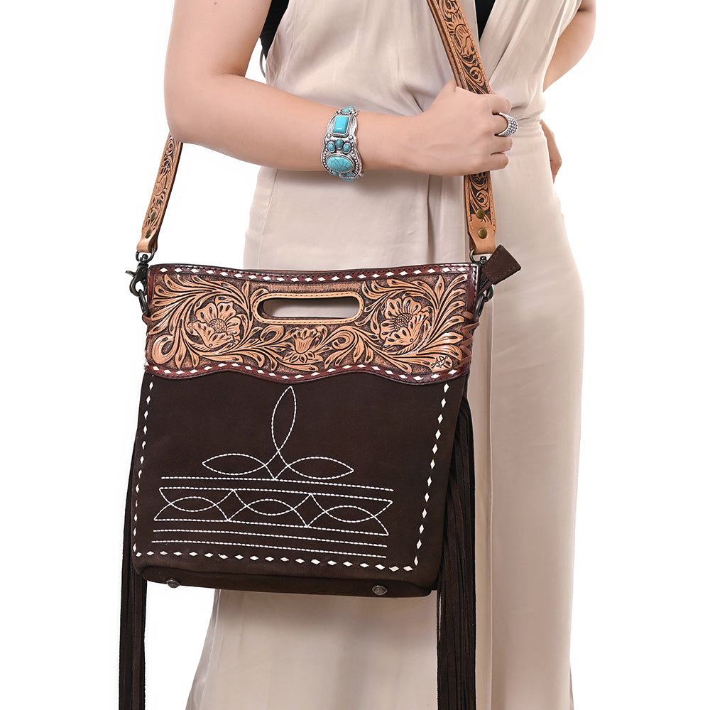 ADBG1584 Genuine suede & Tooled Leather Western Fringe Clutch Bag - Embroidered Crossbody with Cutout Handle