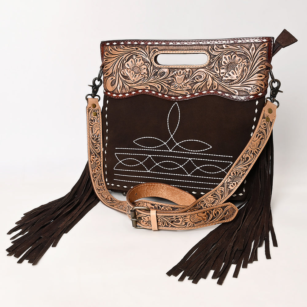 ADBG1584 Genuine suede & Tooled Leather Western Fringe Clutch Bag - Embroidered Crossbody with Cutout Handle