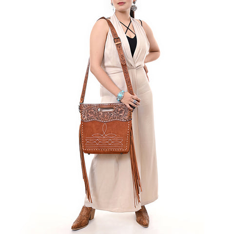 American Darling Hand-Tooled Western Leather Cross Body Bag with Fringe & Carved Detailing