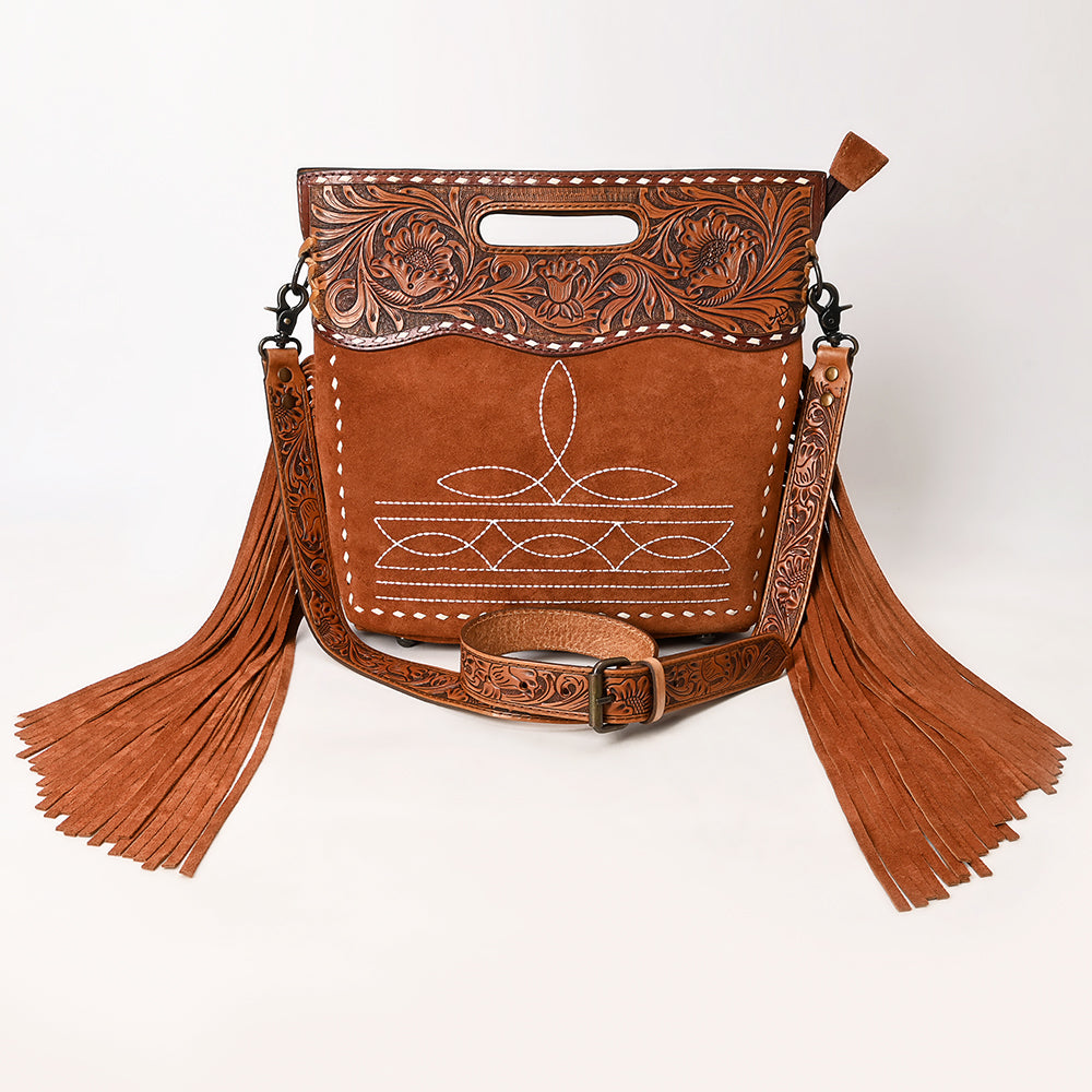 ADBG1584 Genuine suede & Tooled Leather Western Fringe Clutch Bag - Embroidered Crossbody with Cutout Handle