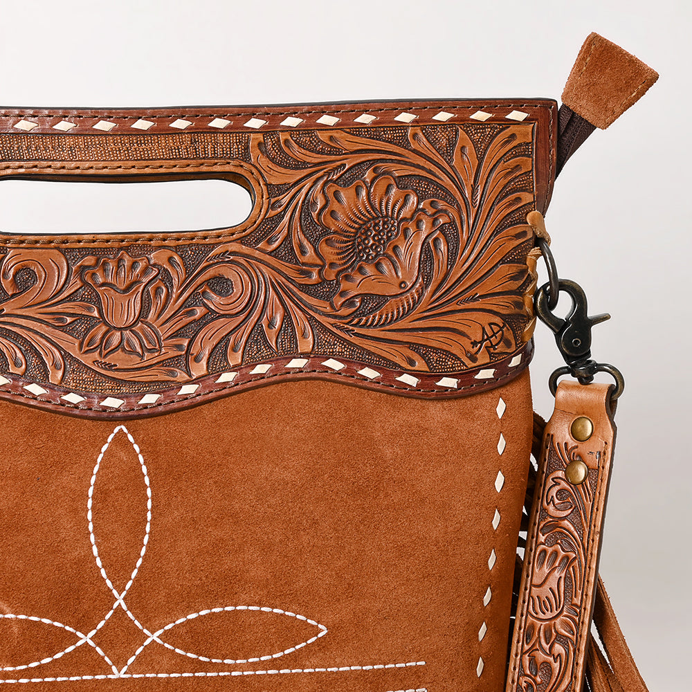 ADBG1584 Genuine suede & Tooled Leather Western Fringe Clutch Bag - Embroidered Crossbody with Cutout Handle