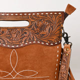 ADBG1584 Suede & Tooled Leather Western Fringe Clutch Bag - Embroidered Crossbody with Cutout Handle