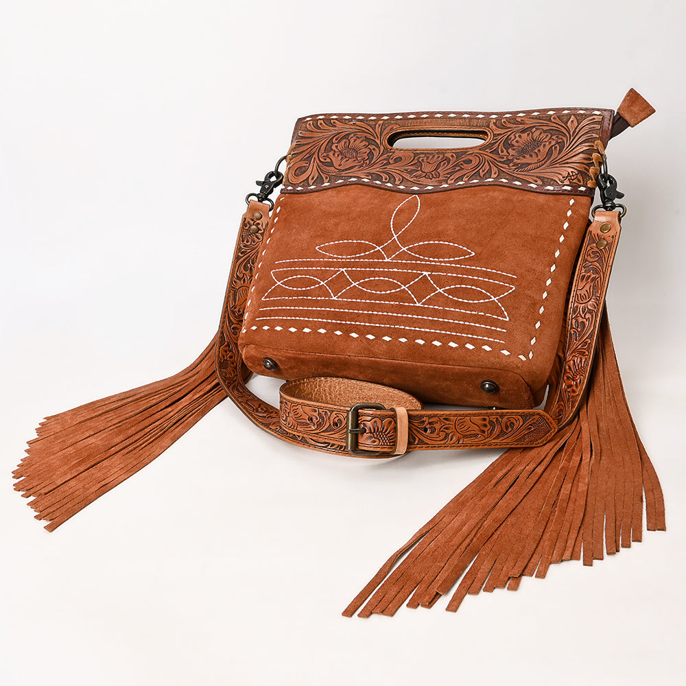 ADBG1584 Genuine suede & Tooled Leather Western Fringe Clutch Bag - Embroidered Crossbody with Cutout Handle