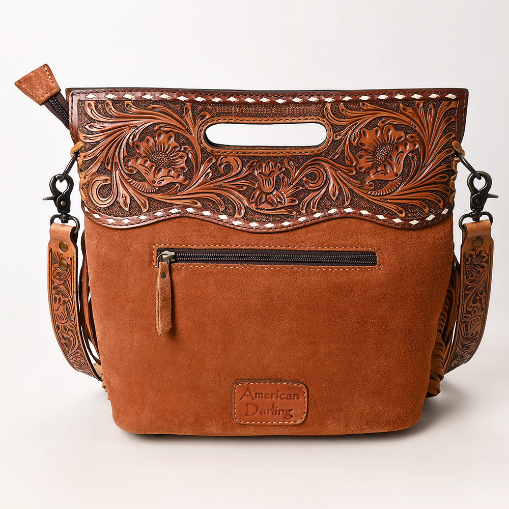 ADBG1584 Genuine suede & Tooled Leather Western Fringe Clutch Bag - Embroidered Crossbody with Cutout Handle