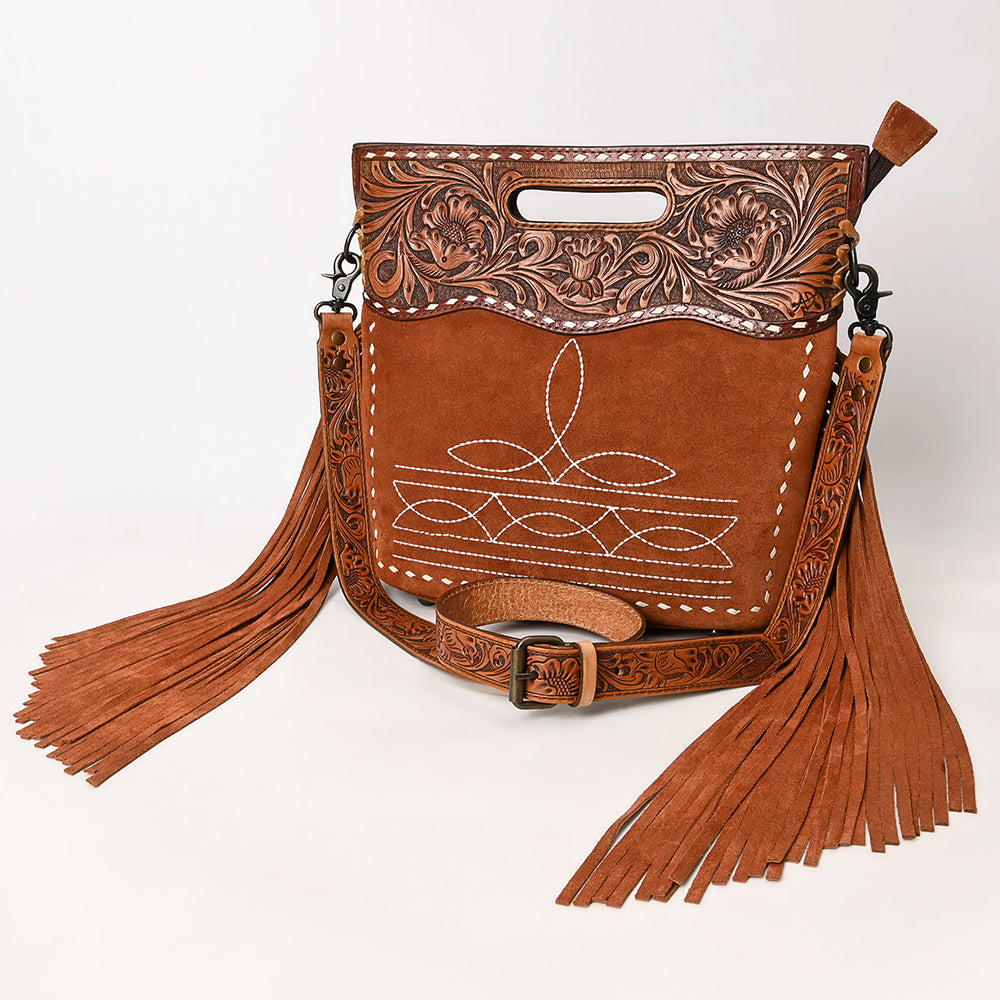 ADBG1584 Genuine suede & Tooled Leather Western Fringe Clutch Bag - Embroidered Crossbody with Cutout Handle