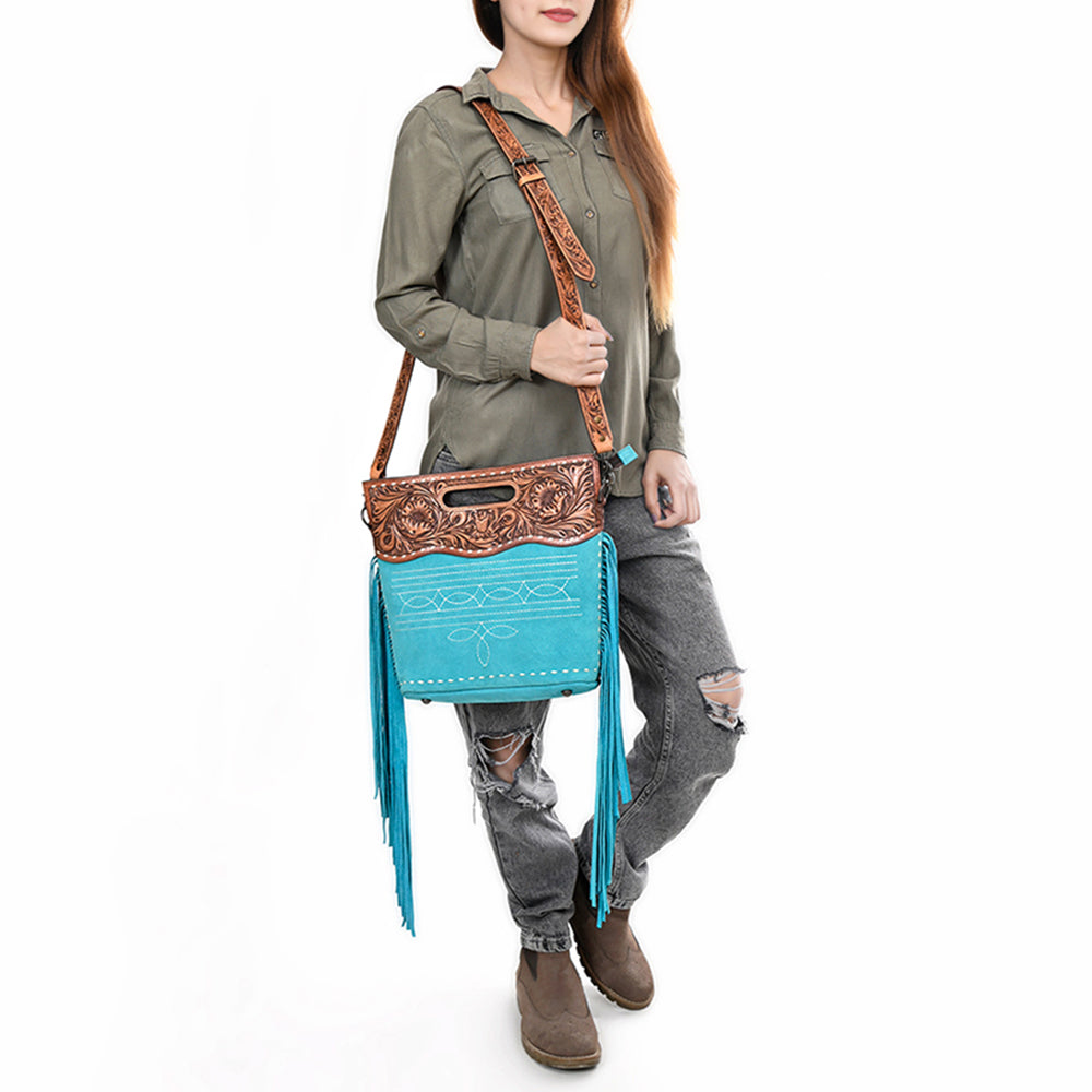 ADBG1584 Genuine suede & Tooled Leather Western Fringe Clutch Bag - Embroidered Crossbody with Cutout Handle
