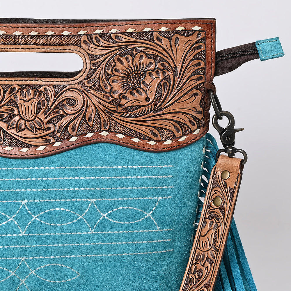 ADBG1584 Genuine suede & Tooled Leather Western Fringe Clutch Bag - Embroidered Crossbody with Cutout Handle