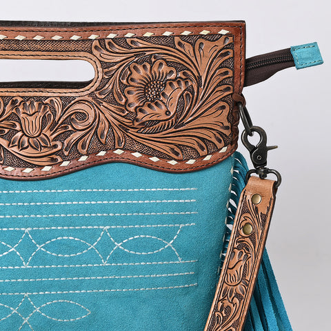 American Darling Hand-Tooled Western Leather Cross Body Bag with Fringe & Carved Detailing