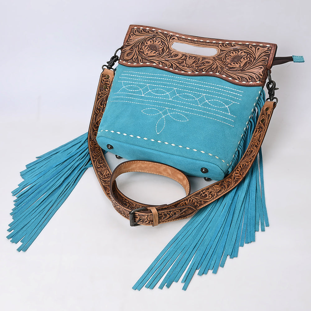 ADBG1584 Genuine suede & Tooled Leather Western Fringe Clutch Bag - Embroidered Crossbody with Cutout Handle