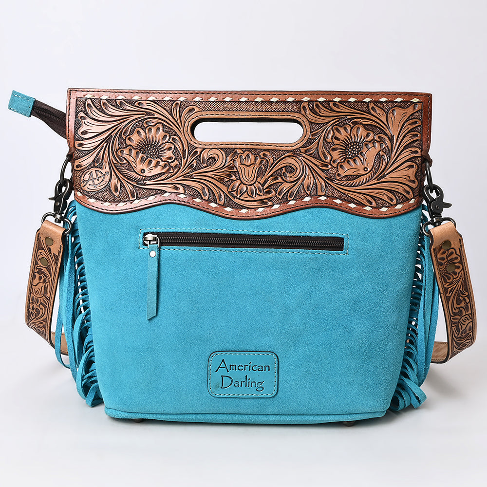 ADBG1584 Genuine suede & Tooled Leather Western Fringe Clutch Bag - Embroidered Crossbody with Cutout Handle