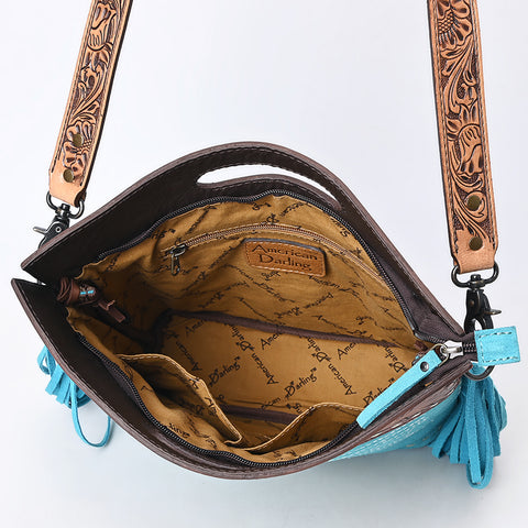 American Darling Hand-Tooled Western Leather Cross Body Bag with Fringe & Carved Detailing