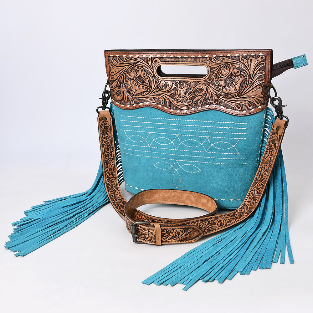 ADBG1584 Genuine suede & Tooled Leather Western Fringe Clutch Bag - Embroidered Crossbody with Cutout Handle