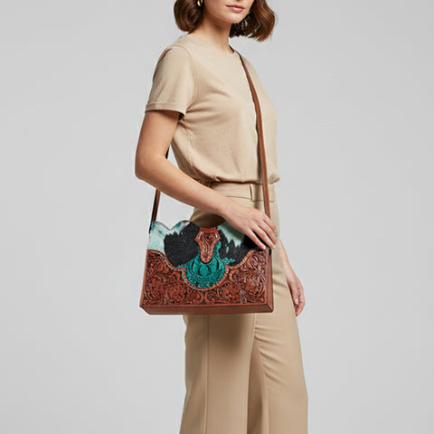 American Darling Hair-On Cowhide Western Leather Cross Body Bag with Tooled Floral Detailing