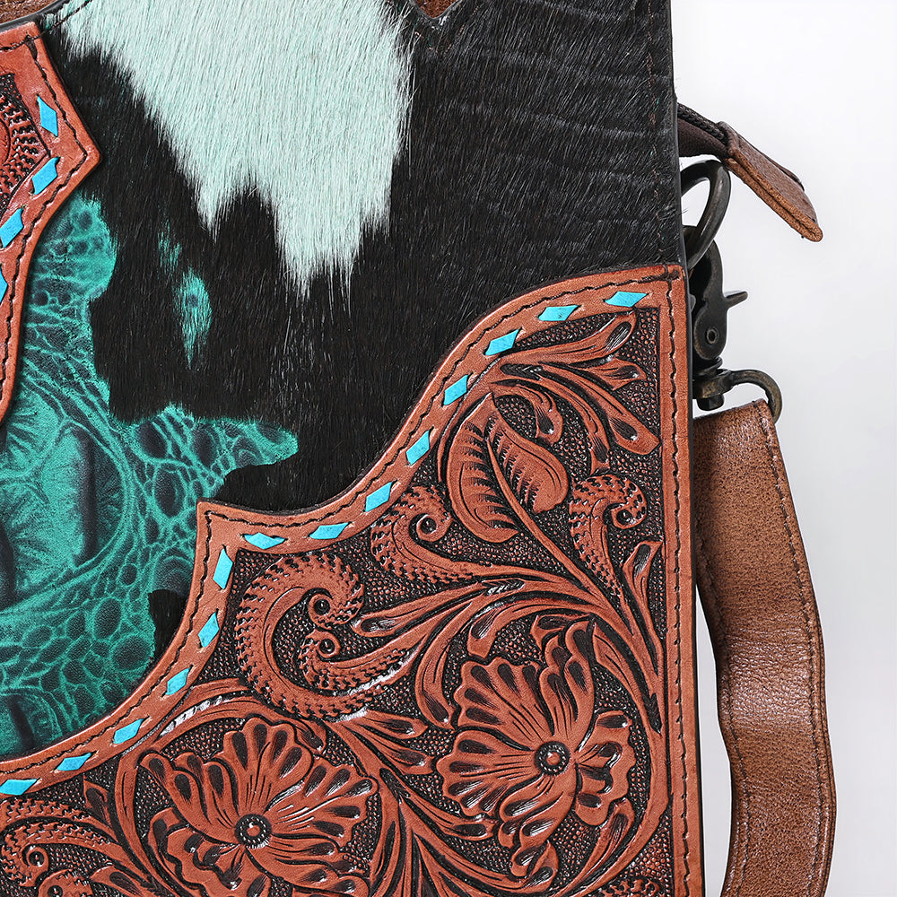 ADBG1586 Turquoise Cowhide & Tooled Leather Western Crossbody - Croc Print & Floral Detail Saddle Bag