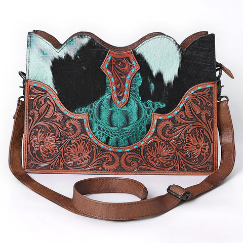 American Darling Hair-On Cowhide Western Leather Cross Body Bag with Tooled Floral Detailing