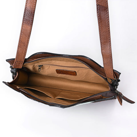 American Darling Hair-On Cowhide Western Leather Cross Body Bag with Tooled Floral Detailing