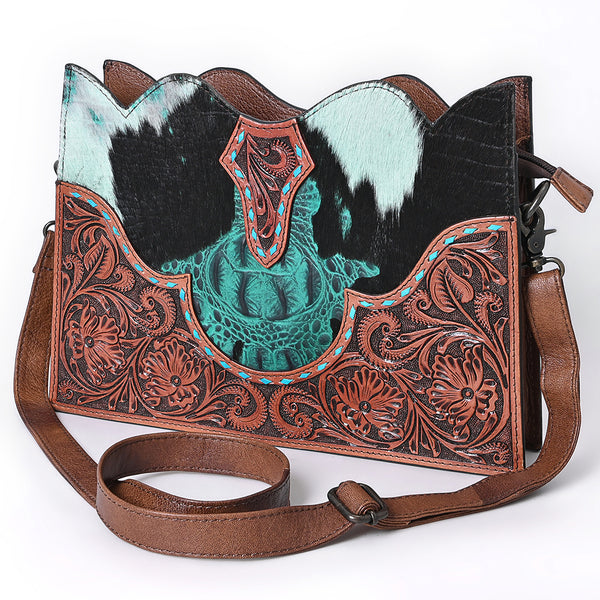 ADBG1586 Turquoise Cowhide & Tooled Leather Western Crossbody - Croc Print & Floral Detail Saddle Bag