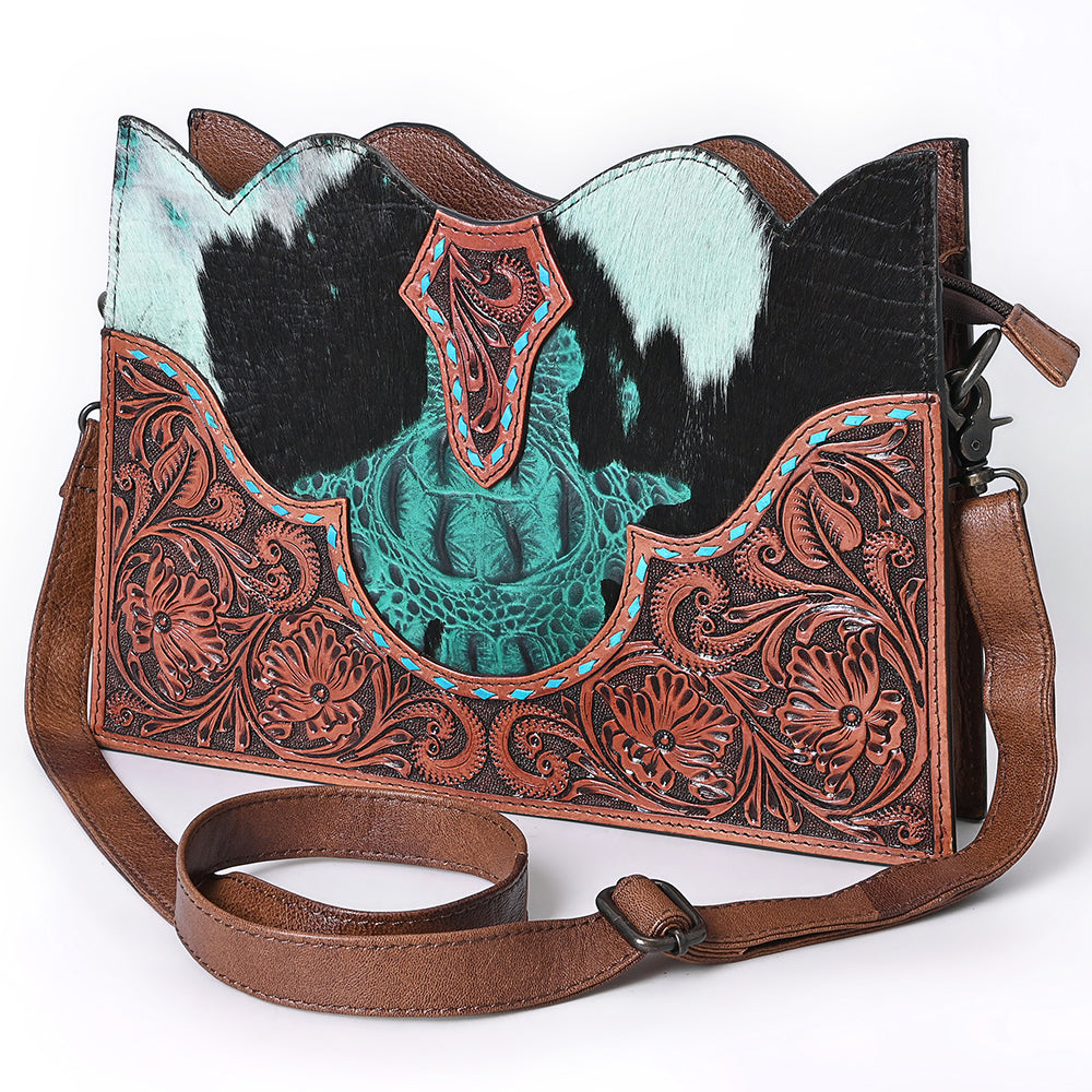 ADBG1586 Turquoise Cowhide & Tooled Leather Western Crossbody - Croc Print & Floral Detail Saddle Bag