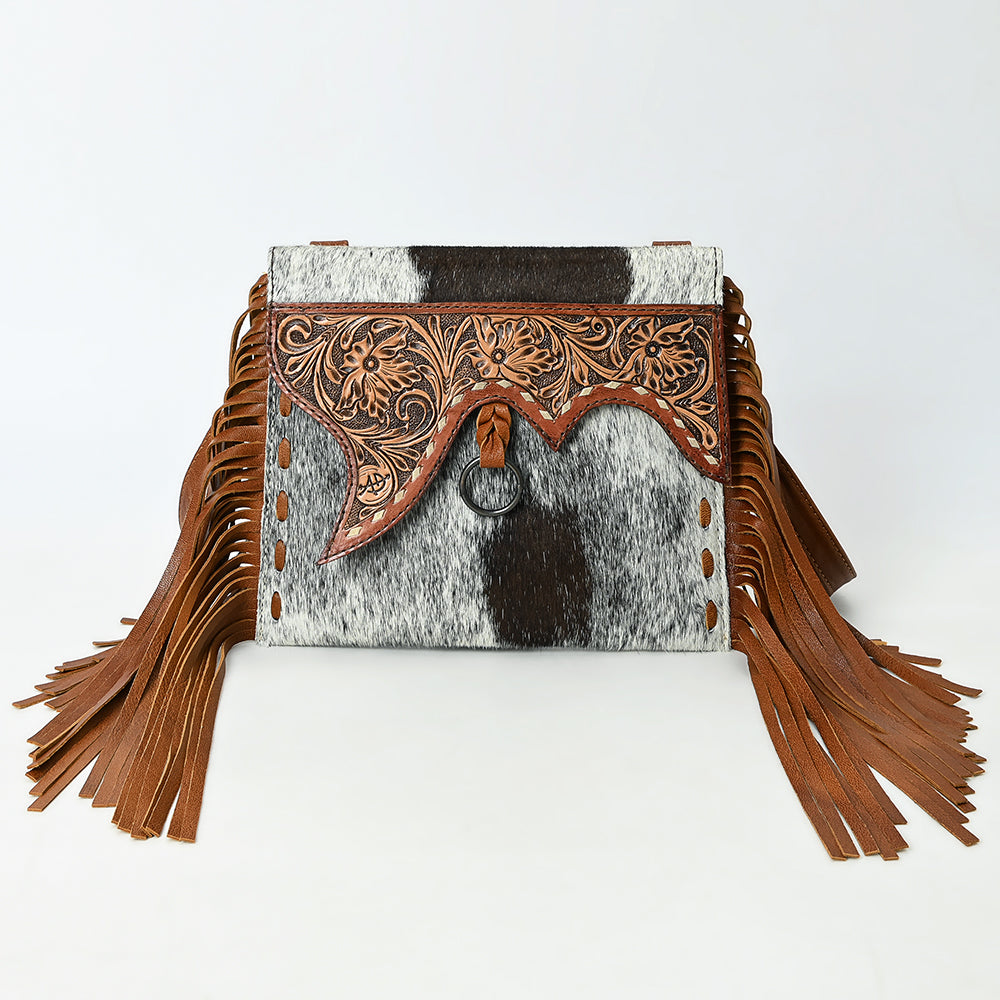 ADBG1589 Black & White Cowhide Fringe Wristlet - Western Tooled Leather Saddle Flap Purse