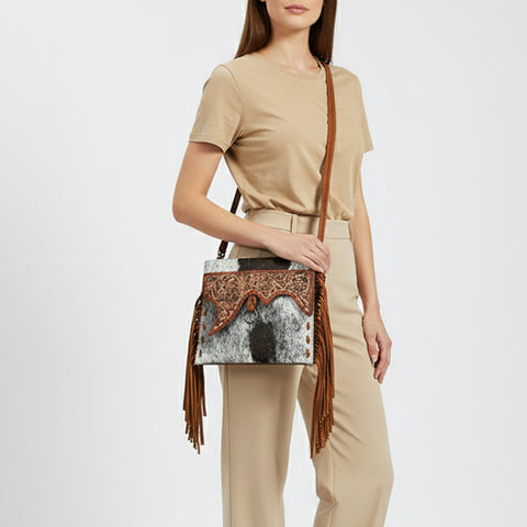 American Darling Hair-On Cowhide Western Leather Wristlet Bag with Tooled Floral Detailing & Fringe