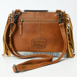 ADBG1589 Black & White Cowhide Fringe Wristlet - Western Tooled Leather Saddle Flap Purse